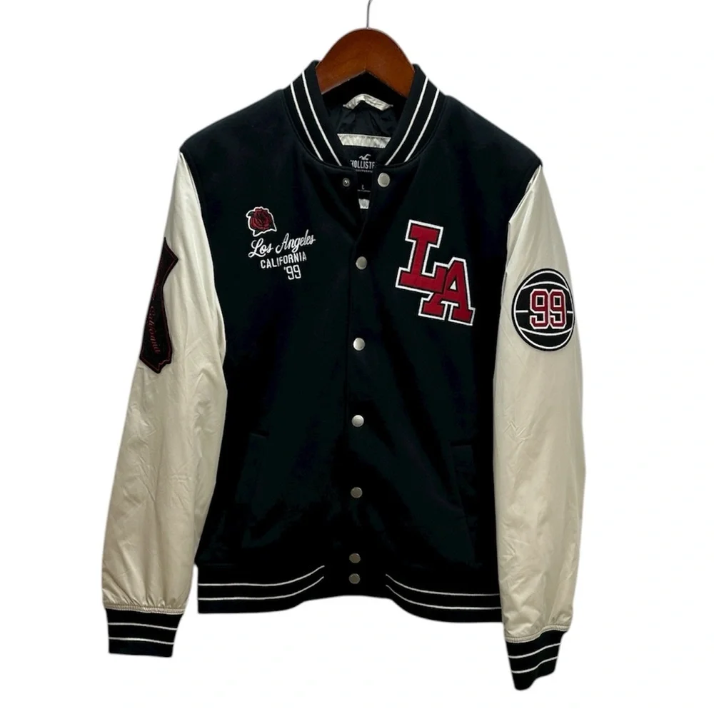 Hollister LA Varsity Bomber Jacket‎ Black Cream Size Large Snap Front Streetwear